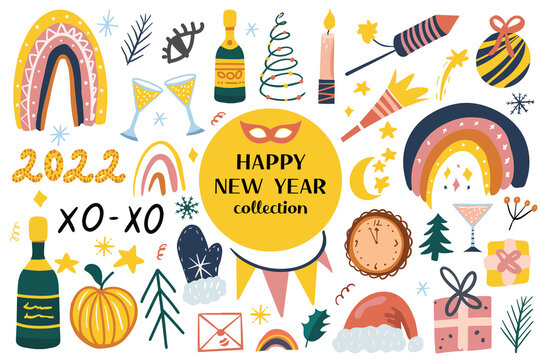 Happy New Year abstract boho icons set. Christmas party trending collection clip art hand drawing style with champagne, clock, christmas accessories, rainbow. Vector illustration