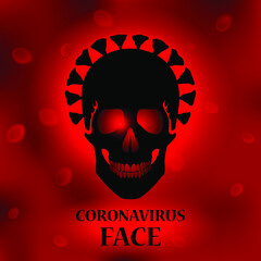Coronavirus face illustration. Skull symbol on red glow background.