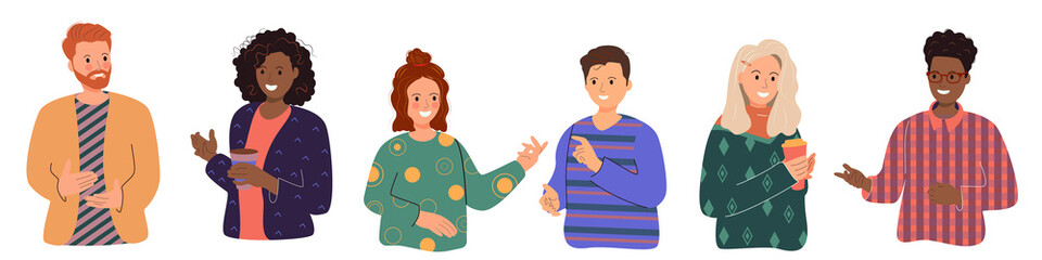 People. A crowd of diverse, contemporary men and women of different nationalities isolated on a white background. Friends communicate together, standing in a row. Colored flat vector illustration.
