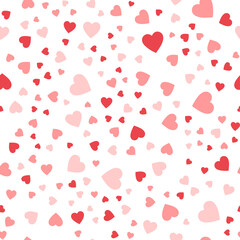 Seamless pattern of cute hearts of pink color on a white background. Wallpaper for season decoration, wrapping paper, clothing prints. Vector illustration.