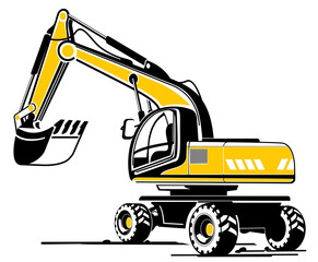 Yellow four wheels excavator with shovel. On a road construction.  Two color vector illustration on isolated background.