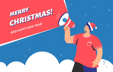 Merry Christmas and happy new year announcement. Flat vector illustration of happy man shouting on megaphone to congratulate a community or notify about holiday. Web promo banner to join a xmas party