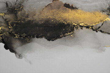 Art Abstract watercolor and acrylic flow blot painting. Black color with gold glitter. Canvas...