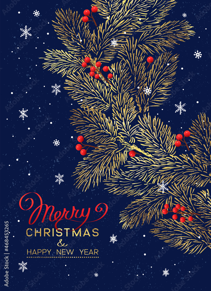 Wall mural christmas poster. vector of christmas cards with golden branches of christmas tree on deep blue back