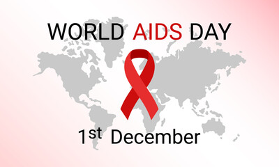 World AIDS Day text. 1 December. Red awareness ribbon and world map. Vector poster illustration