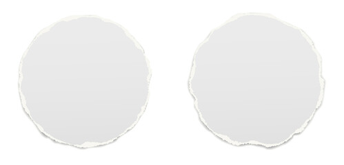 Set of torn white round note, notebook paper pieces stuck on white background. Vector illustration