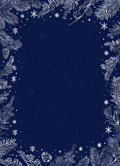 Christmas Poster. Vector of Christmas frame with silver branches of Christmas tree on deep blue background. - 468453262