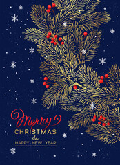 Fototapeta na wymiar Christmas Poster. Vector of Christmas cards with golden branches of Christmas tree on deep blue background.