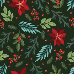 Obraz premium Seamless pattern with Christmas Tree Decorations, Pine Branches, poinsettia, berries.