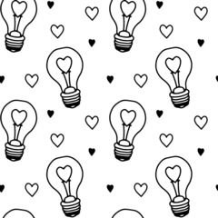 Vector linear pattern with light bulbs and hearts. Illustration in cartoon style for Valentine's Day for packaging, textiles