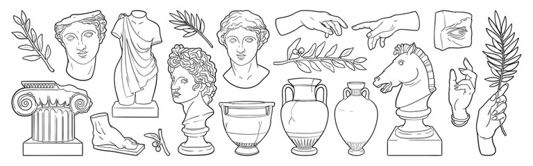 Greek ancient sculpture set. Vector hand drawn illustrations of Antique classic statues in modern style.