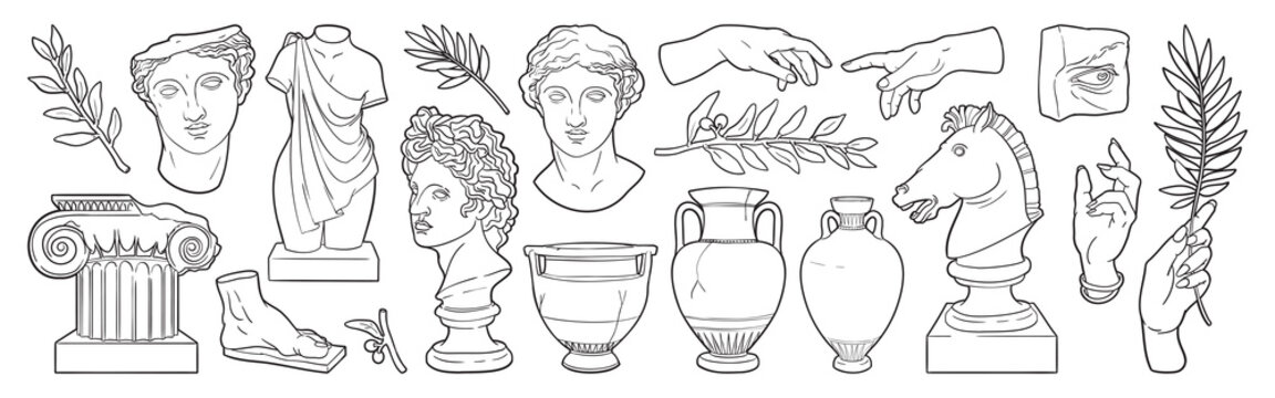 Greek ancient sculpture set. Vector hand drawn illustrations of Antique classic statues in modern style.