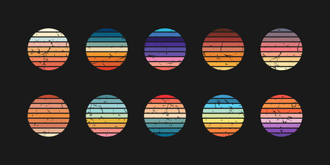 Retro sunset circle with gradient color. Vintage textured sticker of sun beach icon. Abstract stylized holiday on surf in ocean logo for t-shirt. Horizon striped colorful circles with grunge effect © svetolk