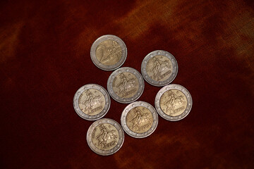 Macro shots of euro coins background 2 Euro coin year of manufacture 2002 country Greece high quality big size prints