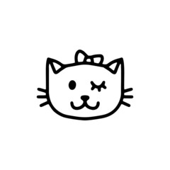 Vector cat face. Linear illustration of animal with bow in cartoon style