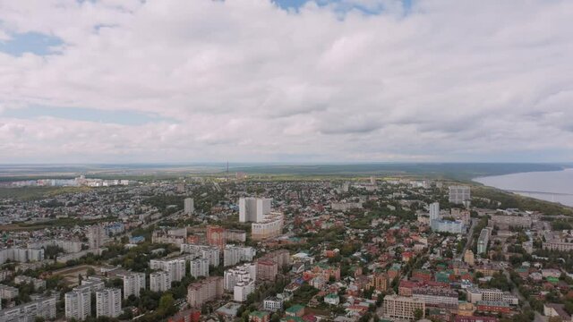 Ulyanovsk city and Volga river, Russia. Large aerial panoramic view, Left to right pan camera rotation