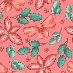 Christmas pink seamless pattern with bow and berries. Festive background. Pattern for printing on paper, fabric, postcards.