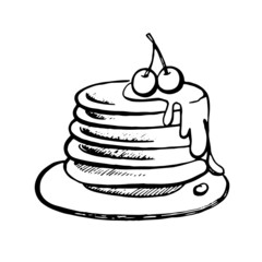 Pancakes with cherries on a plate in doodle style. For backgrounds, cafes and restaurants