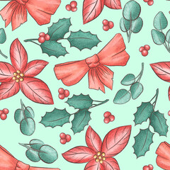 Christmas green seamless pattern with bow and berries. Festive background. Pattern for printing on paper, fabric, postcards.