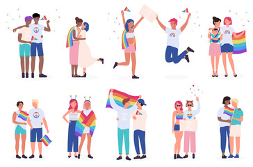 Lgbt couple people, happy family set vector illustration. Cartoon diverse group of homosexual characters standing with rainbow flag, gay, transgender and lesbian community on parade isolated on white
