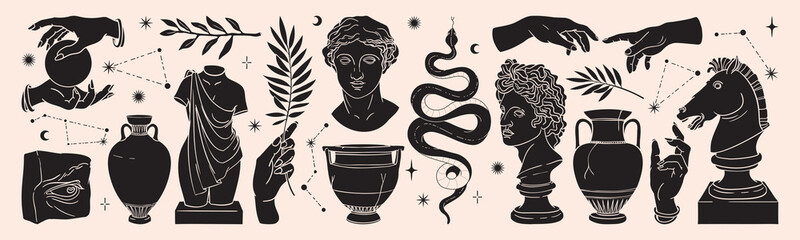 Greek ancient sculpture mystic set. Vector hand drawn illustrations of antique classic statues in trendy bohemian style. - obrazy, fototapety, plakaty