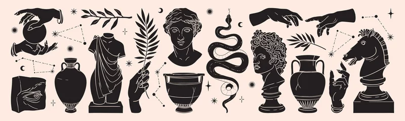 Tuinposter Greek ancient sculpture mystic set. Vector hand drawn illustrations of antique classic statues in trendy bohemian style. © Martyshova
