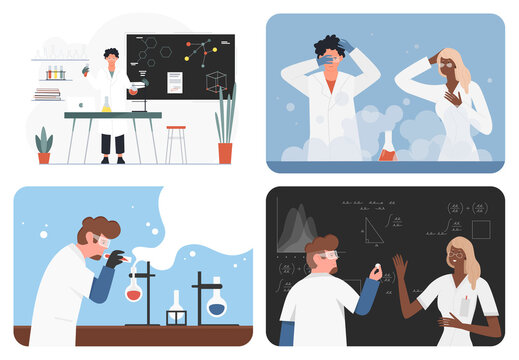 Scientists work in laboratory or research science in school set vector illustration. Cartoon chemists make chemical breakthrough experiment, professor writing formulas on blackboard. Education concept