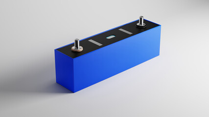 A single cell of an advanced lithium iron phosphate (LFP) battery used in modern electric vehicles and energy storage. 3D render