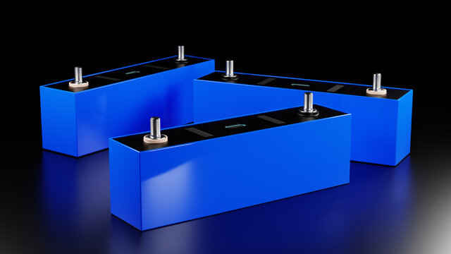 A group of three prismatic lithium iron phosphate cells (LFP) on a black surface against a black background. 3D render