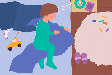 Kid boy sleep in bed at night, top view vector illustration. Cartoon little boy child character sleeping, wearing cute pajamas, lying with pillow and blanket, bedtime calm rest concept background