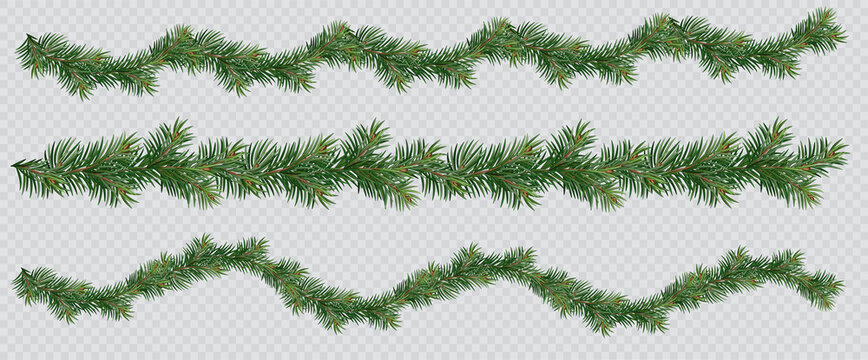 Realistic vector Christmas isolated tree branches garlands