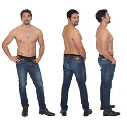  group of same man mashirtless front,back and side view on white background