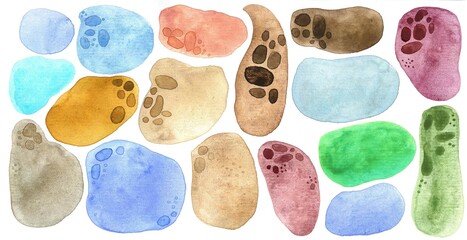 beautiful watercolor spots with streaks and a pattern of brown, blue and green colors isolated on a white background. design elements. Set of multicolored watercolor dots.oval pebbles