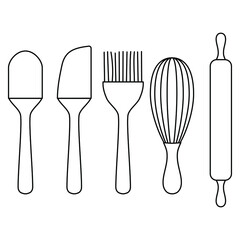 Kitchen tools set of utensil for baking, silicon spatula and brush, whisk and rolling pin outline simple minimalistic flat design vector icons illustration isolated on white background