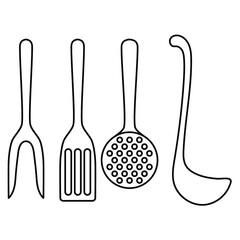Kitchen tools cutlery set of fork, spatula, skimmer and soup ladle outline outline simple minimalistic flat design vector icons illustration isolated on white background