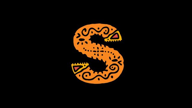 Letter S. 4K, Transparent Alpha channel. Cartoon Animation, Shake twitch effect. Ethnic ornament, national folk pattern in letter. 3 colors. Capital Letter S for ABC education, erudition, game.