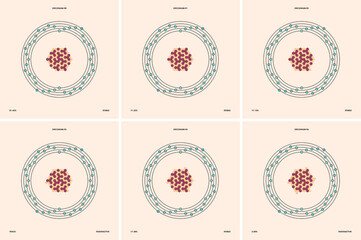 Conceptual vector representation of a zirconium atom and its natural isotopes: zirconium-90, zirconium-91, zirconium-92, zirconium-93, zirconium-94 and zirconium-96. 
