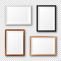 Realistic black, white and wooden picture frames with shadow on checkered background. Blank poster mockup. Empty photo frame. Vector illustration.