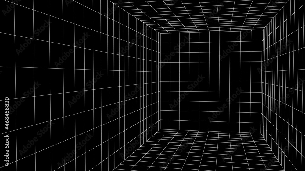 Poster wireframe room on black background. digital vector perspective grid box for design.