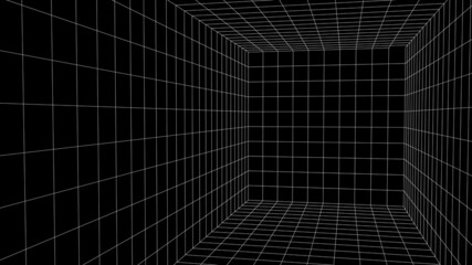 Naklejka premium Wireframe room on black background. Digital vector perspective grid box for design.