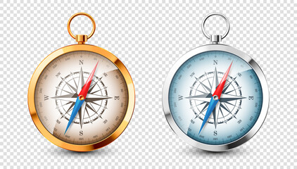 Realistic silver, golden vintage compass with marine wind rose and cardinal directions of North, East, South, West. Shiny metal navigational compass. Cartography and navigation. Vector illustration. - obrazy, fototapety, plakaty