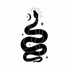 Vector black snake with mystical magic objects: moon and stars. Spiritual occultism symbols, tarot cards, esoteric objects.