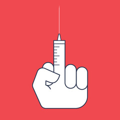 Conceptual illusration of vaccination refusing. Middle finger in shape of syringe.