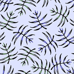 Seamless pattern with tropical plants on a blue background. Vector illustration for printing on fabric. Background for a business card, for an invitation to a boho party.