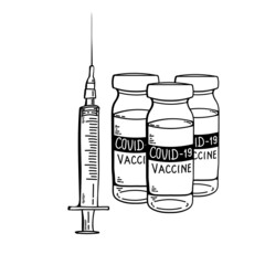 Covid-19 coronavirus vaccine. vaccine vial doodle icon. Treatment for coronavirus covid-19. Isolated vector illustration. syringe black, white