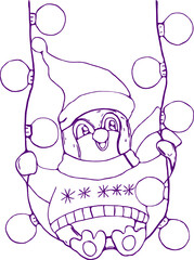 Christmas card with penguin who sit on lights. Flat vector illustration.