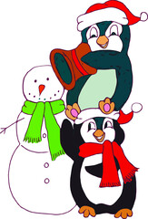 small cute penguins and snowman celebrate the new year. penguin in scarf sculpts snowman and other in a Christmas hat sitting and holding a sparkler. Cute flat cartoon background with copyspace