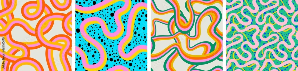 Poster Abstract colorful neon print seamless pattern illustration set in retro 80s style. Trendy background collection with creative line drawing. 