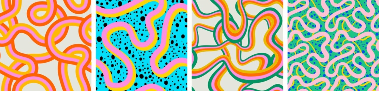 Abstract colorful neon print seamless pattern illustration set in retro 80s style. Trendy background collection with creative line drawing. 