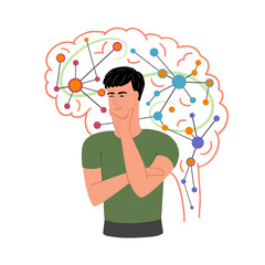 Thinking man with the brain silhouette and brain impulses.  Brain activity concept. Vector illustration.